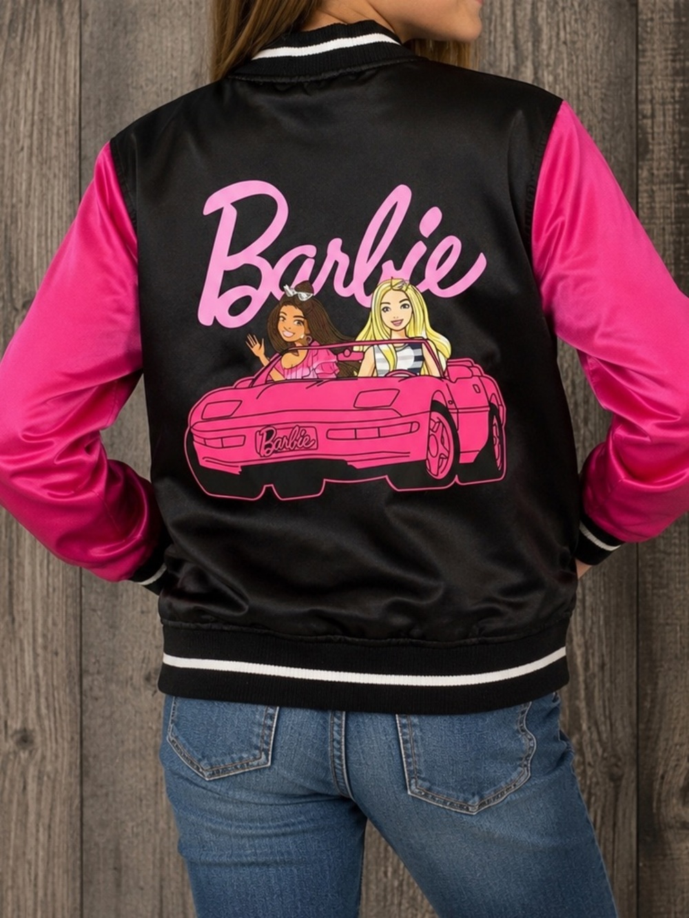 Barbie Black and Pink Bomber Jacket- size L-10/12